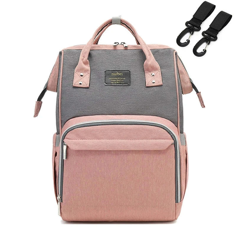 pink and gray diaper backpack