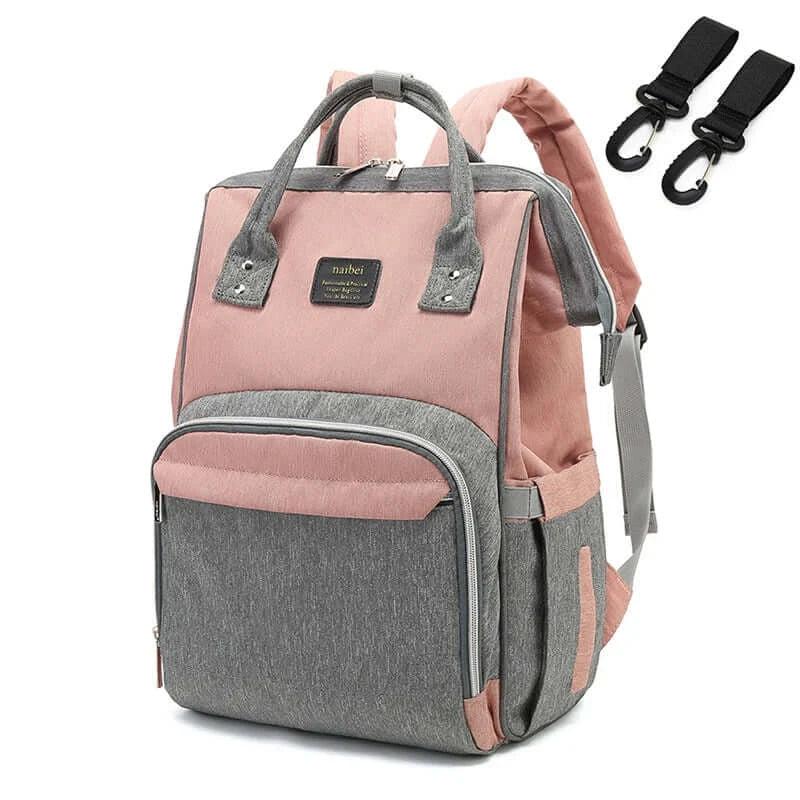 gray and pink diaper backpack