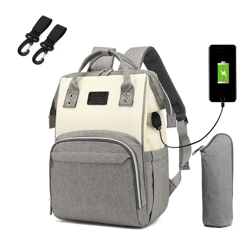 gray and white diaper backpack