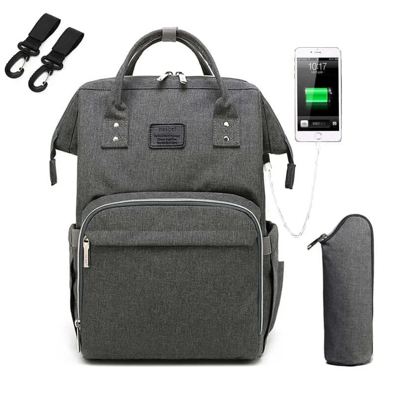 gray diaper bag with usb charger